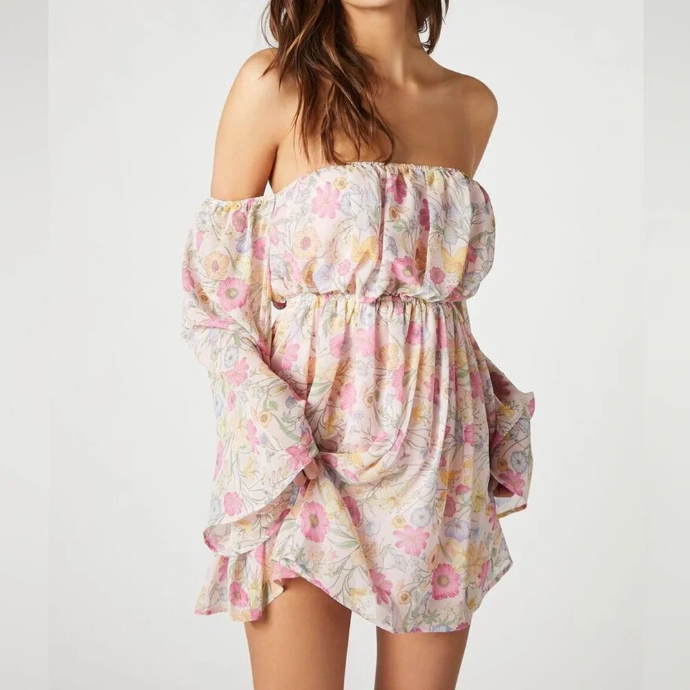 Spring floral off the shoulder bell sleeve mini dress flowy nwot